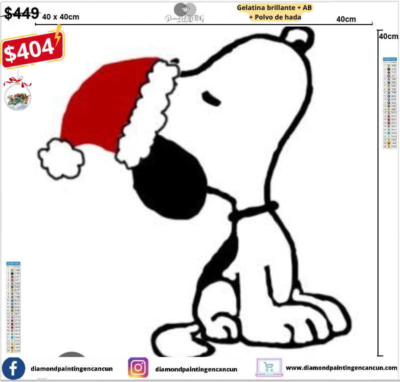 Snoopy 40 x 40 contiene Diamante gelatina brillante en la oscuridad, ab y polvo de hada