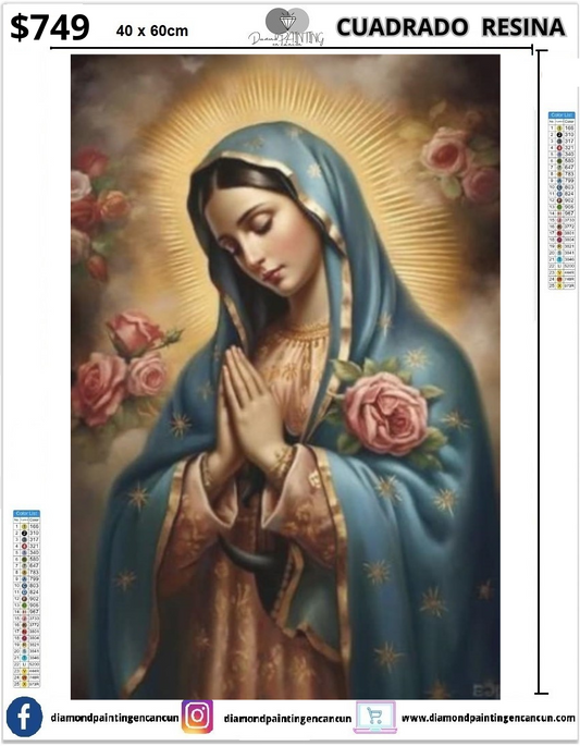 Virgen manto azul 40 x 60 Contiene DIAMANTES DE RESINA: AB Y POLVO DE HADA