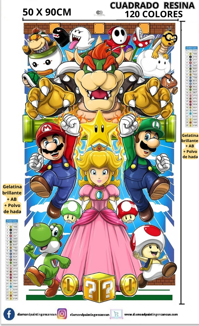 Mario 50 x 90 Contiene 120 DIAMANTES DE RESINA: GELATINA BRILLANTE EN LA OSCURIDAD, AB Y POLVO DE HADA