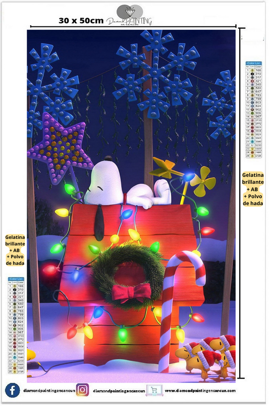 Snoopy navideño 30 x 50 incluye DIAMANTES GELATINA BRILLANYE EN LA OSCURIDAD, AB Y POLVO DE HADA