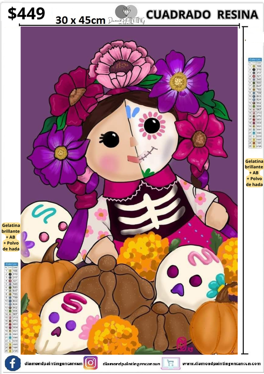 Lele catrina 30 x 45 Contiene DIAMANTES DE RESINA: GELATINA BRILLANTE EN LA OSCURIDAD, AB Y POLVO DE HADA