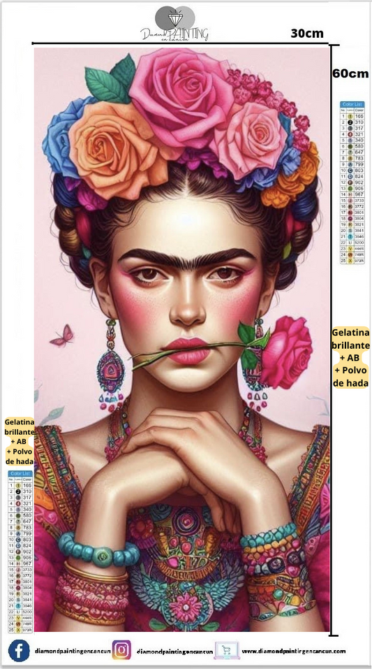 Frida Kahlo 30 x 60 contiene DIAMANTES GELATINA BRILLANTE EN LA OSCURIDAD, AB Y POLVO DE HADA