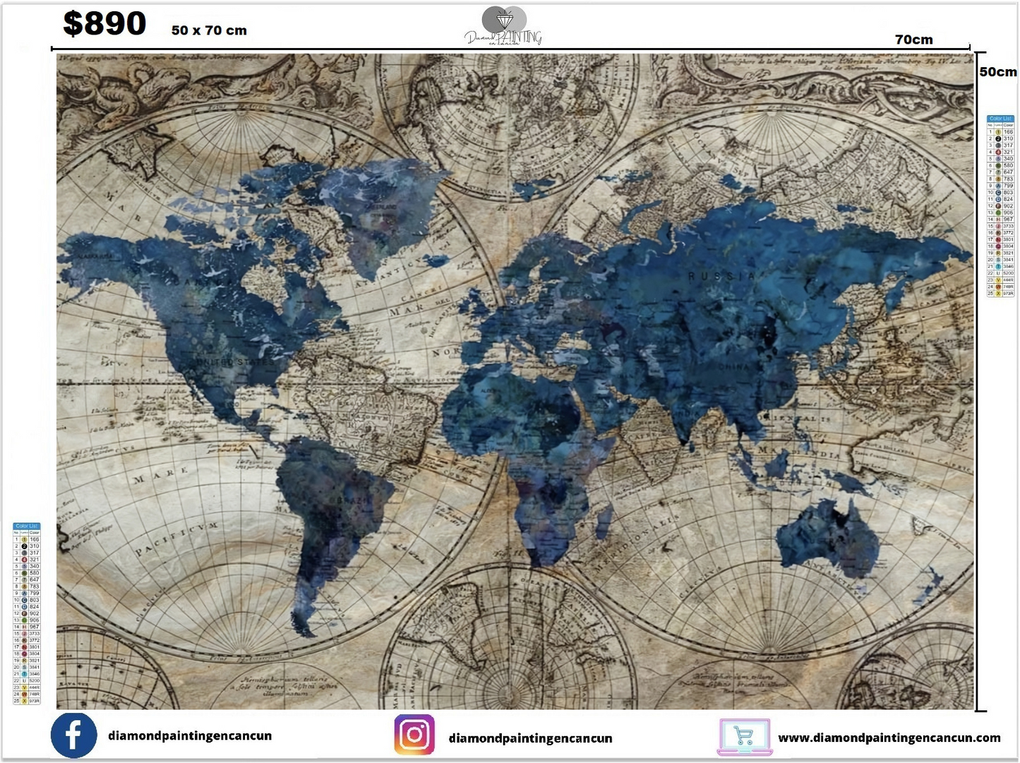 Mapa Mundial 50 x 70 cuadrado contiene DIAMANTES AB Y POLVO DE HADA