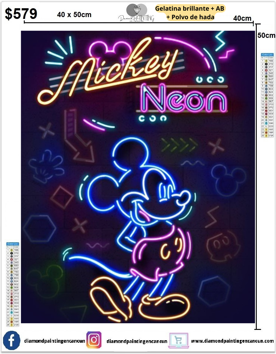 Mickey neon 40 x 50 contiene Diamante gelatina brillante en la oscuridad, ab y polvo de hada