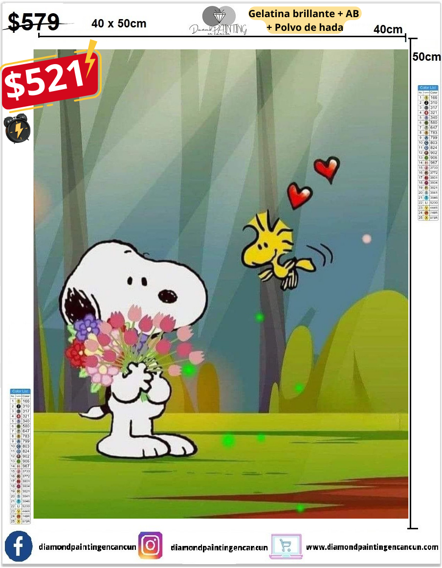 Snoopy 40 x 50 contiene Diamante gelatina brillante en la oscuridad, ab y polvo de hada