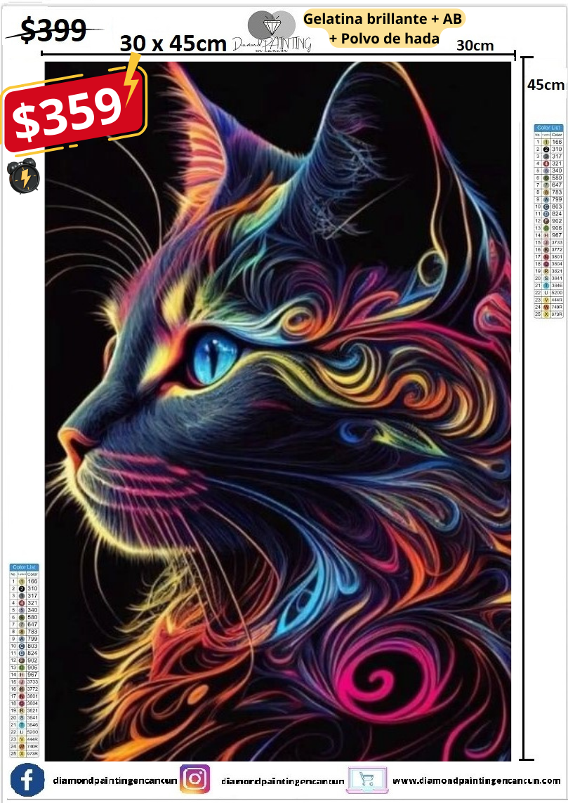 Gatito 30 x 45 contiene Diamante gelatina brillante en la oscuridad, ab y polvo de hada