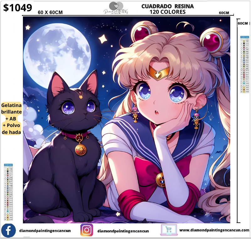 Sailor Moon 60 x 60 Contiene DIAMANTES DE RESINA 120 COLORES: GELATINA BRILLANTE EN LA OSCURIDAD, AB Y POLVO DE HADA