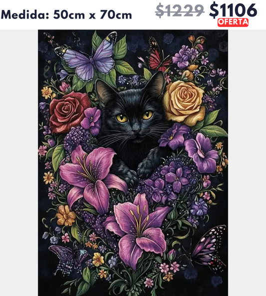 Gato con flores | 50 x 70cm 🔒Aparta con $100 | Falta por pagar $1006