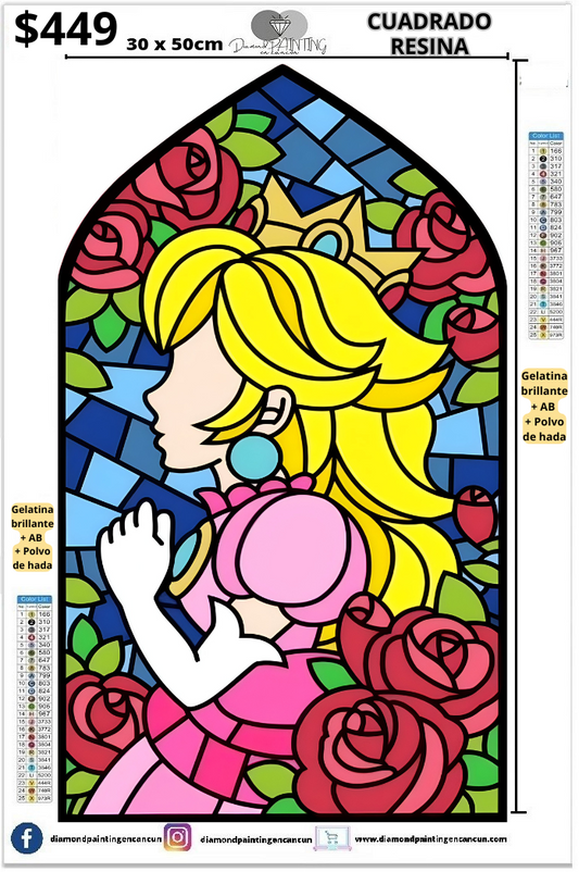 Princesa Peach 30 x 50cm Contiene DIAMANTES DE RESINA: GELATINA BRILLANTE EN LA OSCURIDAD, AB Y POLVO DE HADA