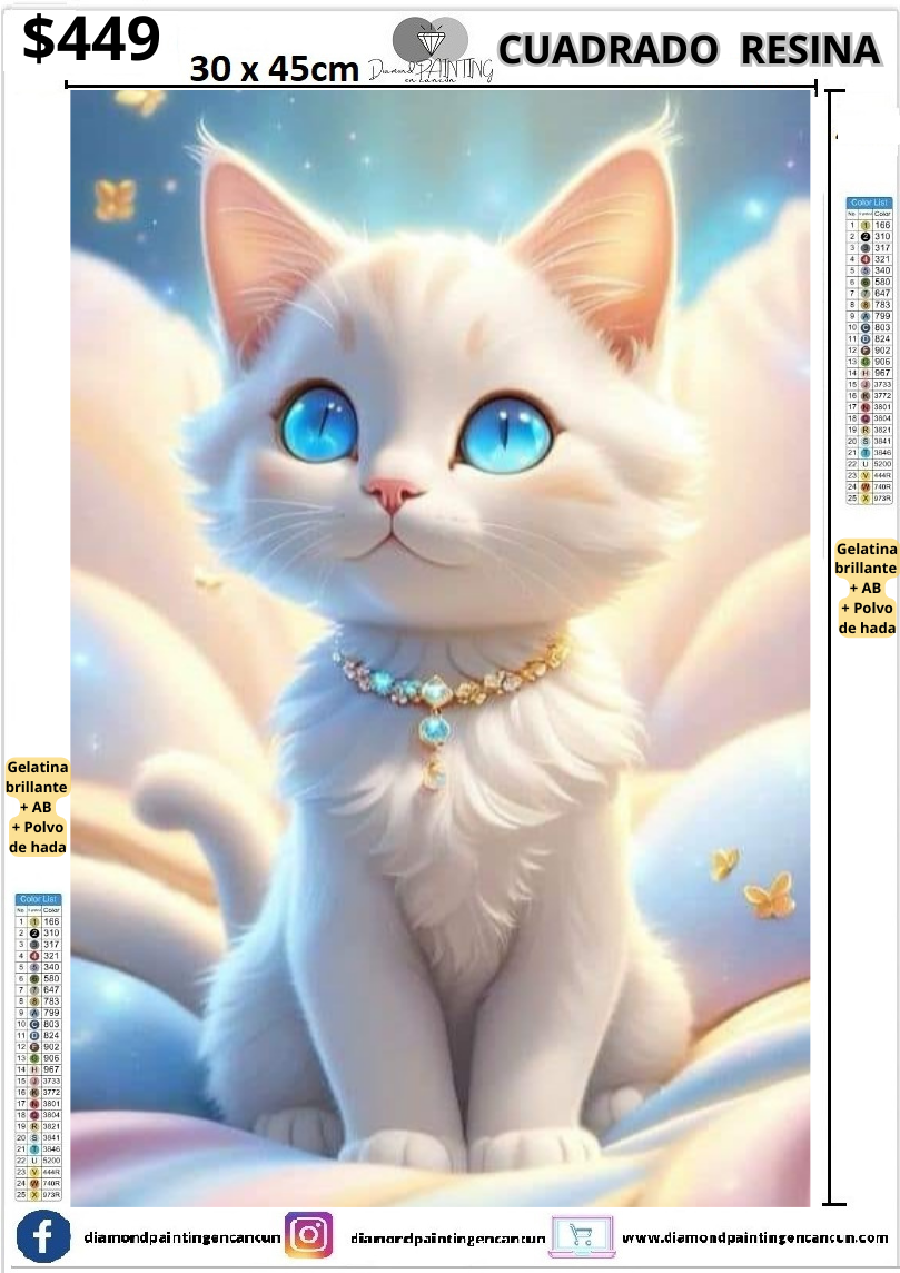 Gato blanco 30 x 45cm Contiene DIAMANTES DE RESINA: GELATINA BRILLANTE EN LA OSCURIDAD, AB Y POLVO DE HADA