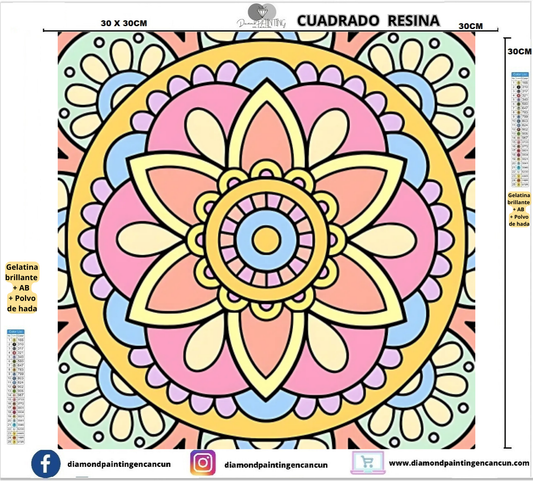 Mandala 30 x 30 Contiene DIAMANTES DE RESINA: GELATINA BRILLANTE EN LA OSCURIDAD, AB Y POLVO DE HADA