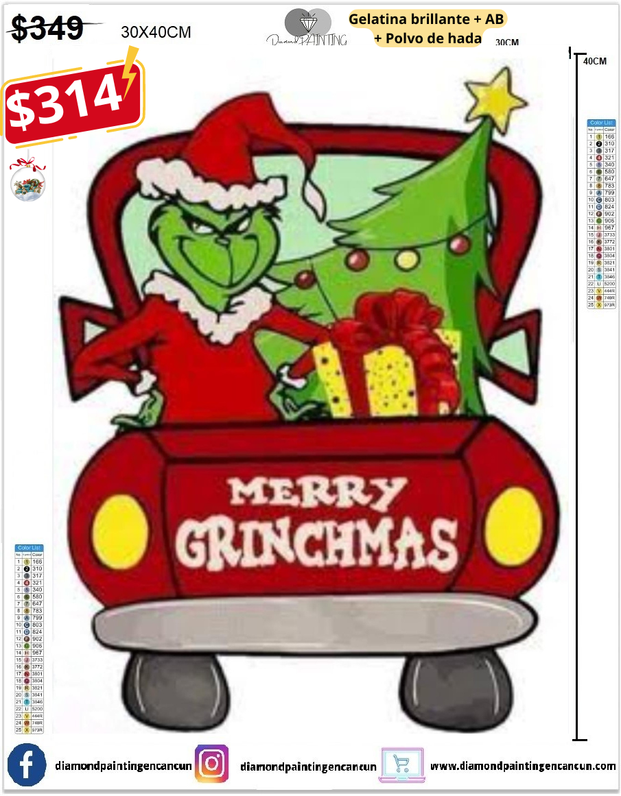 Grinch 30 x 40 contiene Diamante gelatina brillante en la oscuridad, ab y polvo de hada