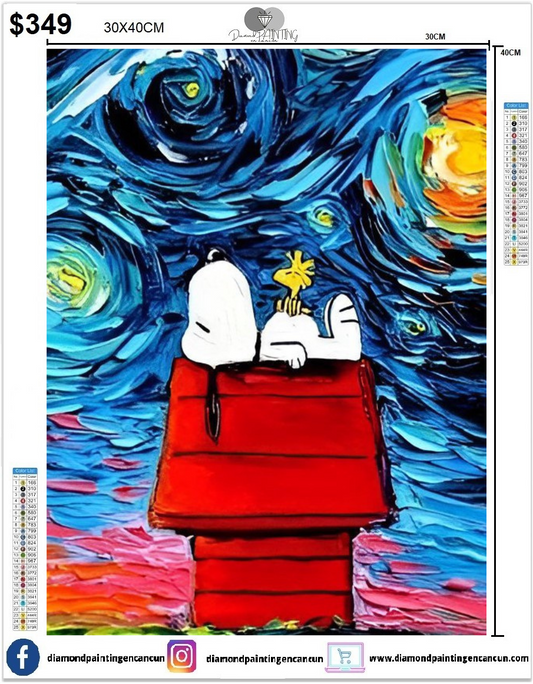 Snoopy noche estrellada 30 x 40 contiene DIAMANTES AB Y POLVO DE HADA