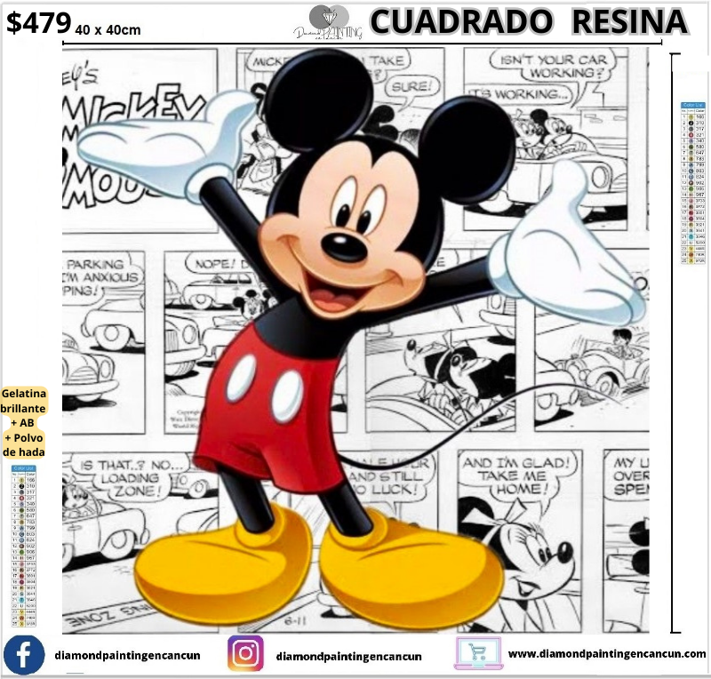 Mickey 40 x 40cm Contiene DIAMANTES DE RESINA: GELATINA BRILLANTE EN LA OSCURIDAD, AB Y POLVO DE HADA