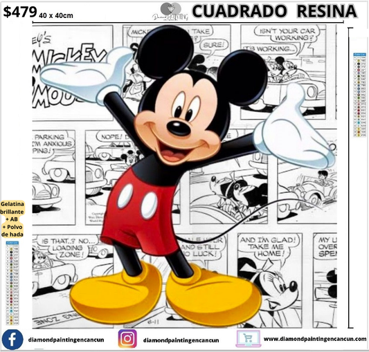 Mickey 40 x 40cm Contiene DIAMANTES DE RESINA: GELATINA BRILLANTE EN LA OSCURIDAD, AB Y POLVO DE HADA