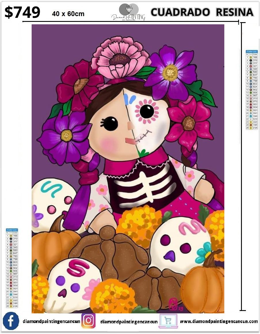 Lele día de muertos 40 x 60 Contiene DIAMANTES DE RESINA: AB Y POLVO DE HADA