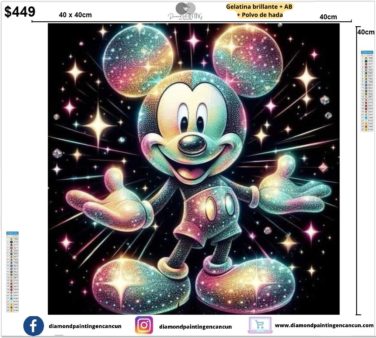 Mickey estrellas 40 x 40 contiene Diamante gelatina brillante en la oscuridad, ab y polvo de hada