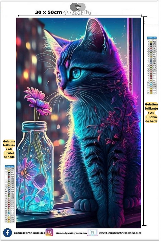 Gatito ventana 30 x 50cm contiene DIAMANTES GELATINA BRILLANTE EN LA OSCURIDAD, AB Y POLVO DE HADA
