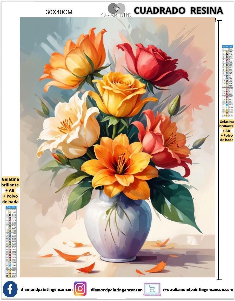 Jarron con flores 30 x 40 Contiene DIAMANTES DE RESINA: GELATINA BRILLANTE EN LA OSCURIDAD, AB Y POLVO DE HADA