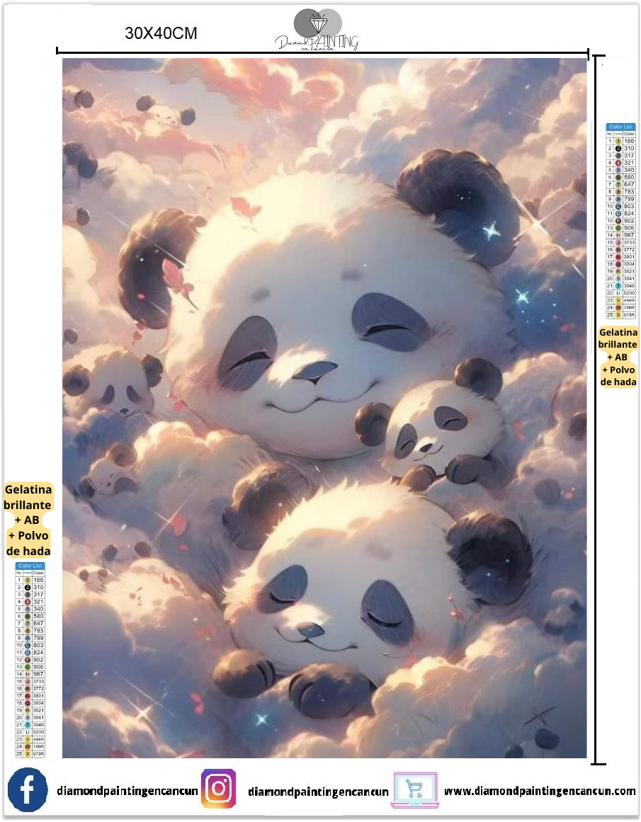 Pandas 30 x 40cm contiene DIAMANTE GELATINA BRILLANTE EN LA OSCURIDAD, AB Y POLVO DE HADA