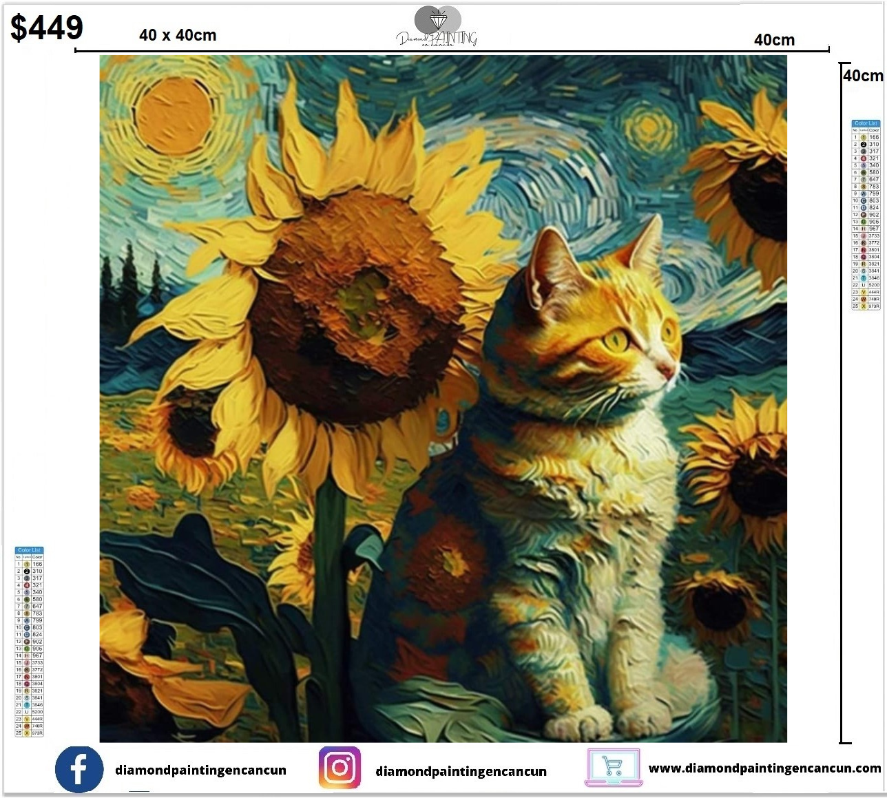 Gatito y girasoles 40 x 40cm contiene Diamantes AB Y POLVO DE HADA