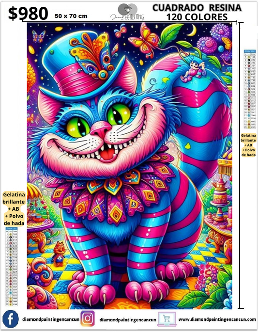 Gato Alicia 50 x 70 Contiene DIAMANTES DE RESINA 120 COLORES: GELATINA BRILLANTE EN LA OSCURIDAD, AB Y POLVO DE HADA