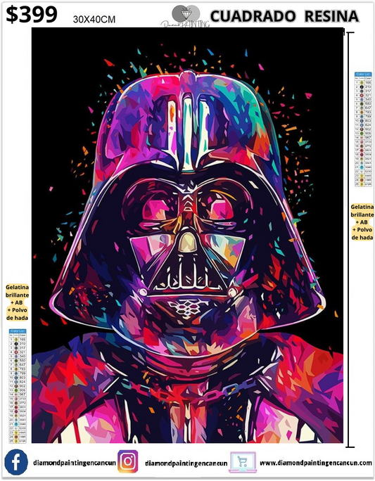 Darth Vader 30 x 40cm  Contiene DIAMANTES DE RESINA: GELATINA BRILLANTE EN LA OSCURIDAD, AB Y POLVO DE HADA