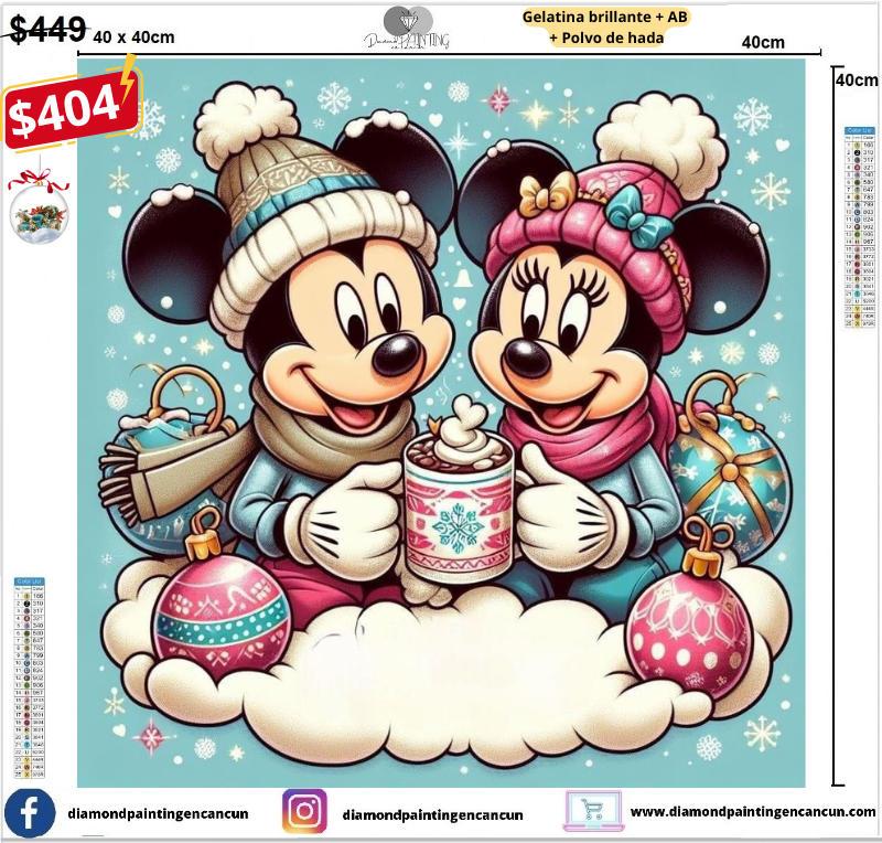 Mickey y Minnie 40 x 40 contiene Diamante gelatina brillante en la oscuridad, ab y polvo de hada