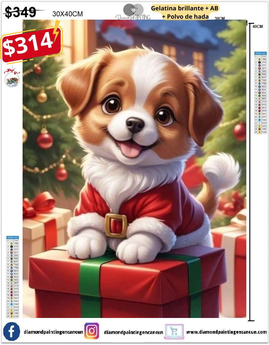 Perrito navideÑo 30 x 40 contiene Diamante gelatina brillante en la oscuridad, ab y polvo de hada