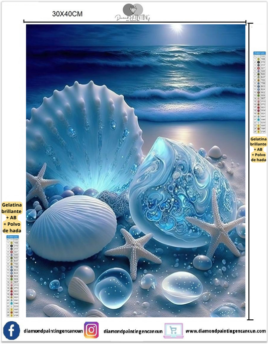 Conchas de mar 30 x 40cm contiene DIAMANTE GELATINA BRILLANTE EN LA OSCURIDAD, AB Y POLVO DE HADA