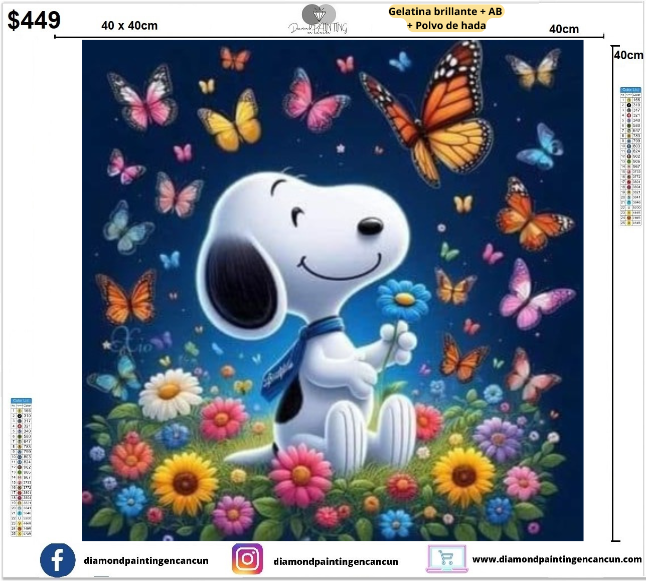 Snoopy flores 40 x 40 contiene Diamante gelatina brillante en la oscuridad, ab y polvo de hada