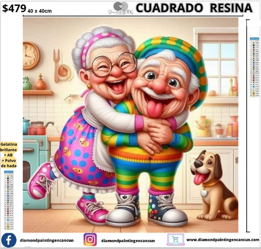 Abuelitos 40 x 40cm Contiene DIAMANTES DE RESINA: GELATINA BRILLANTE EN LA OSCURIDAD, AB Y POLVO DE HADA