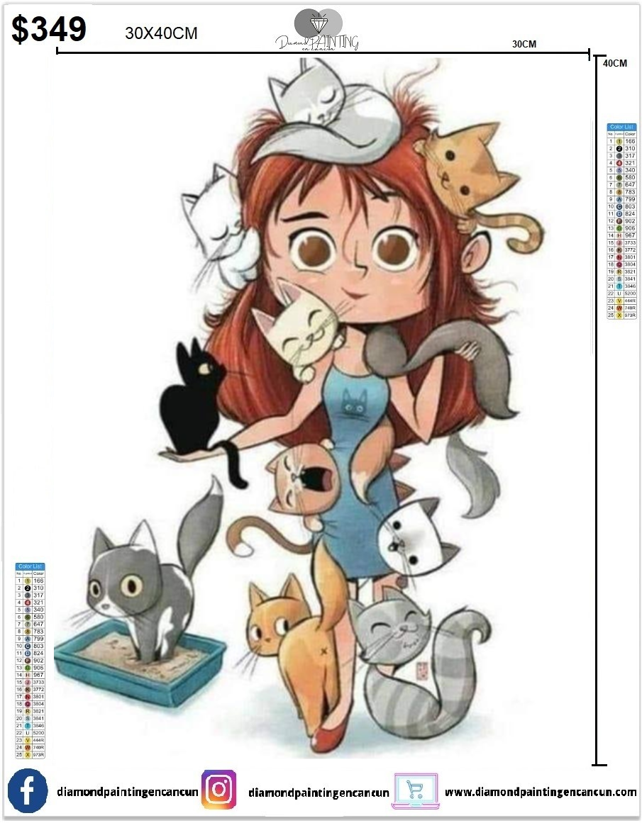 Chica con gatitos 30 x 40 contiene DIAMANTES AB Y POLVO DE HADA