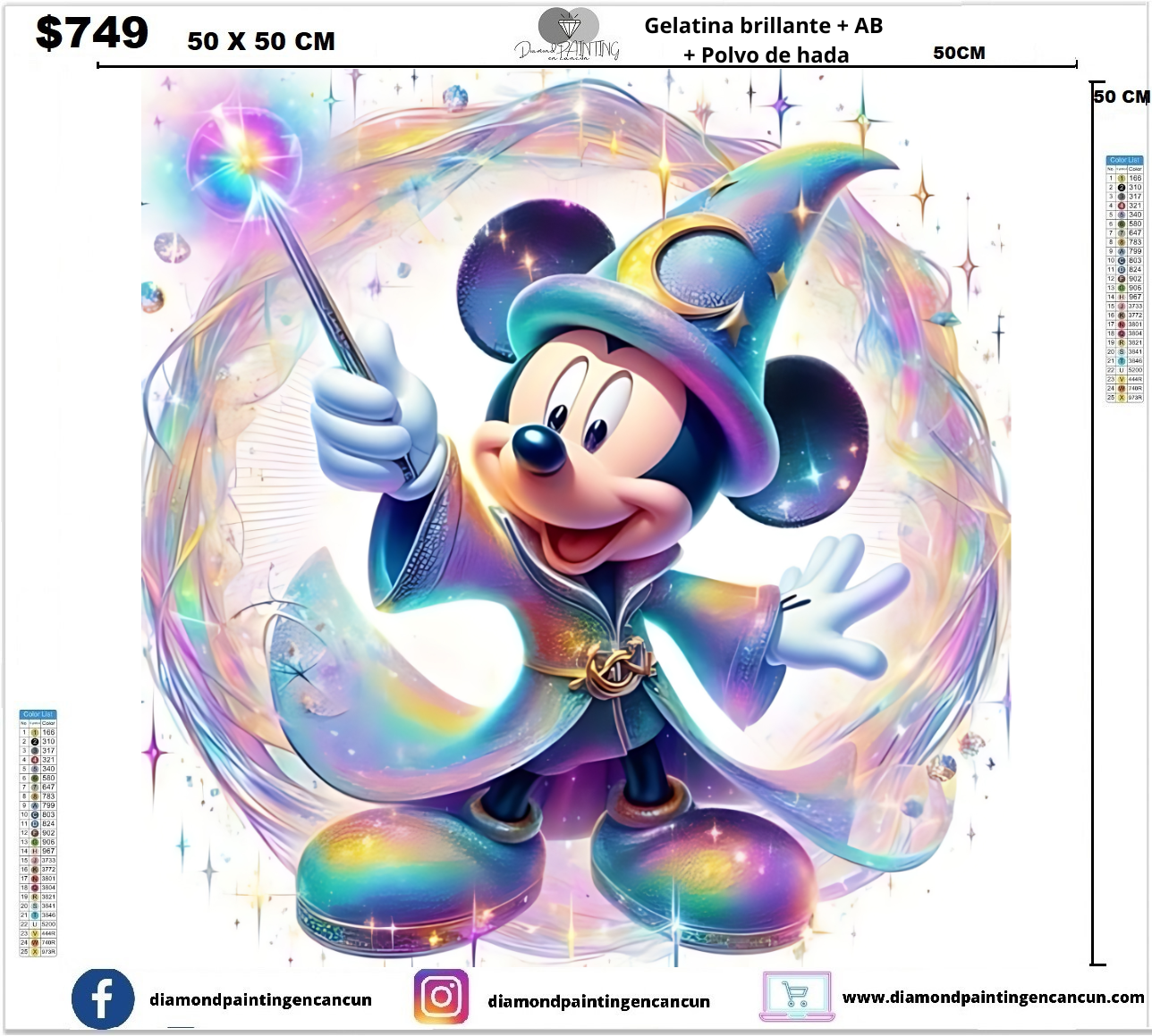 Mickey 50 x 50 contiene DIAMANTE GELATINA BRILLANTE OSCURIDAD, AB Y POLVO DE HADA