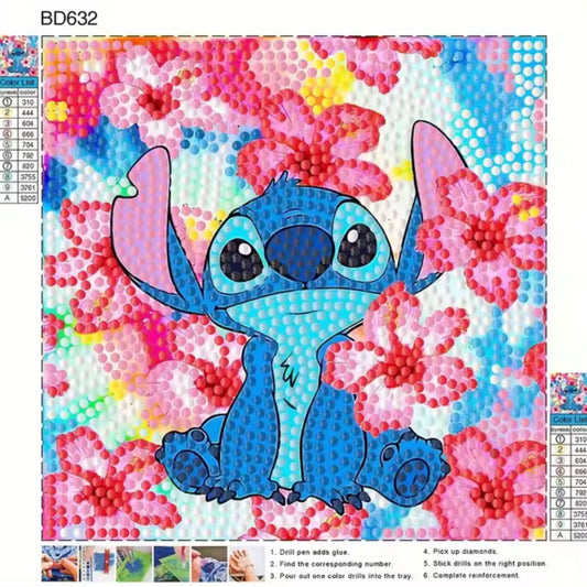 Lienzo Stitch flores con marco de madera