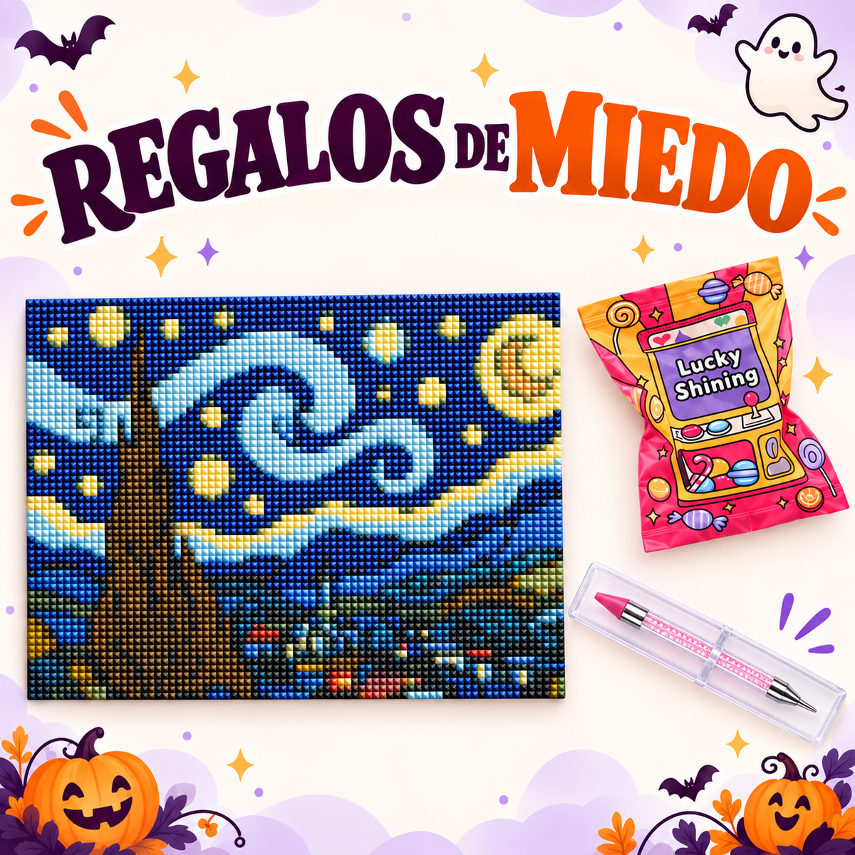 🎁 Regalos de miedo  — noche estrellada + Cover + pluma