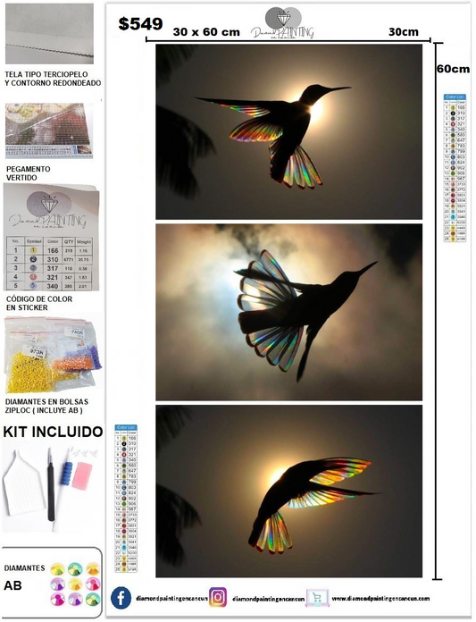 3 Colibríes 30 x 60 contiene DIAMANTE GELATINA BRILLANTE EN LA OSCURIDAD, AB Y POLVO DE HADA