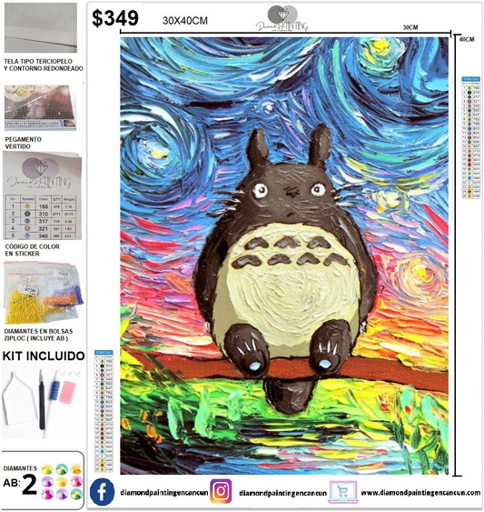 Totoro 30 x 40cm contiene DIAMANTE GELATINA BRILLANTE EN LA OSCURIDAD, AB Y POLVO DE HADA