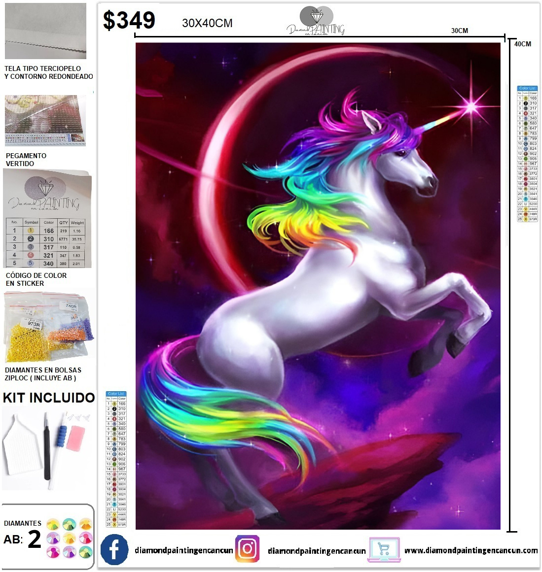 Unicornio 30 x 40 incluye DIAMANTES AB CUADRADO