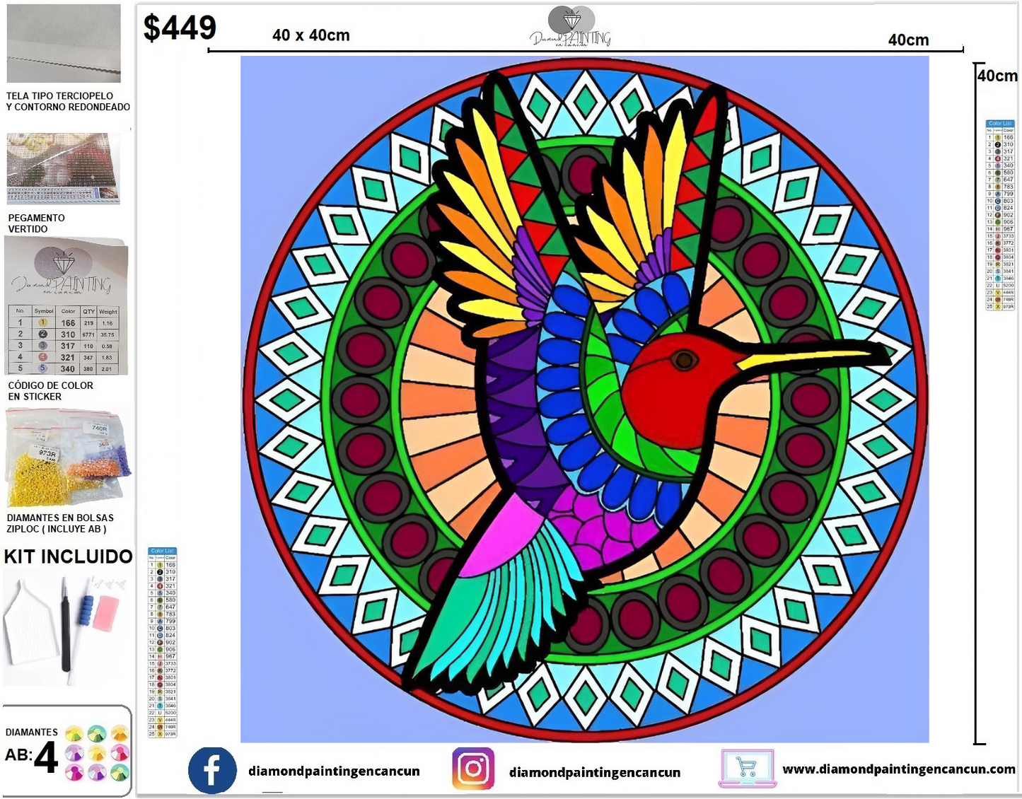 Colibrí con mandala 40 x 40 INCLUYE DIAMANTES AB