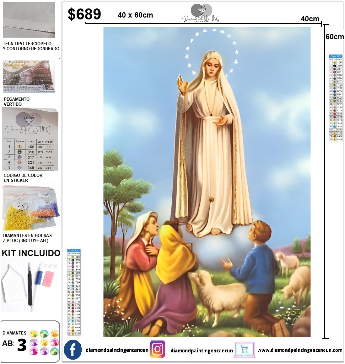 Virgen de Fátima 40 x 60 incluye DIAMANTES AB