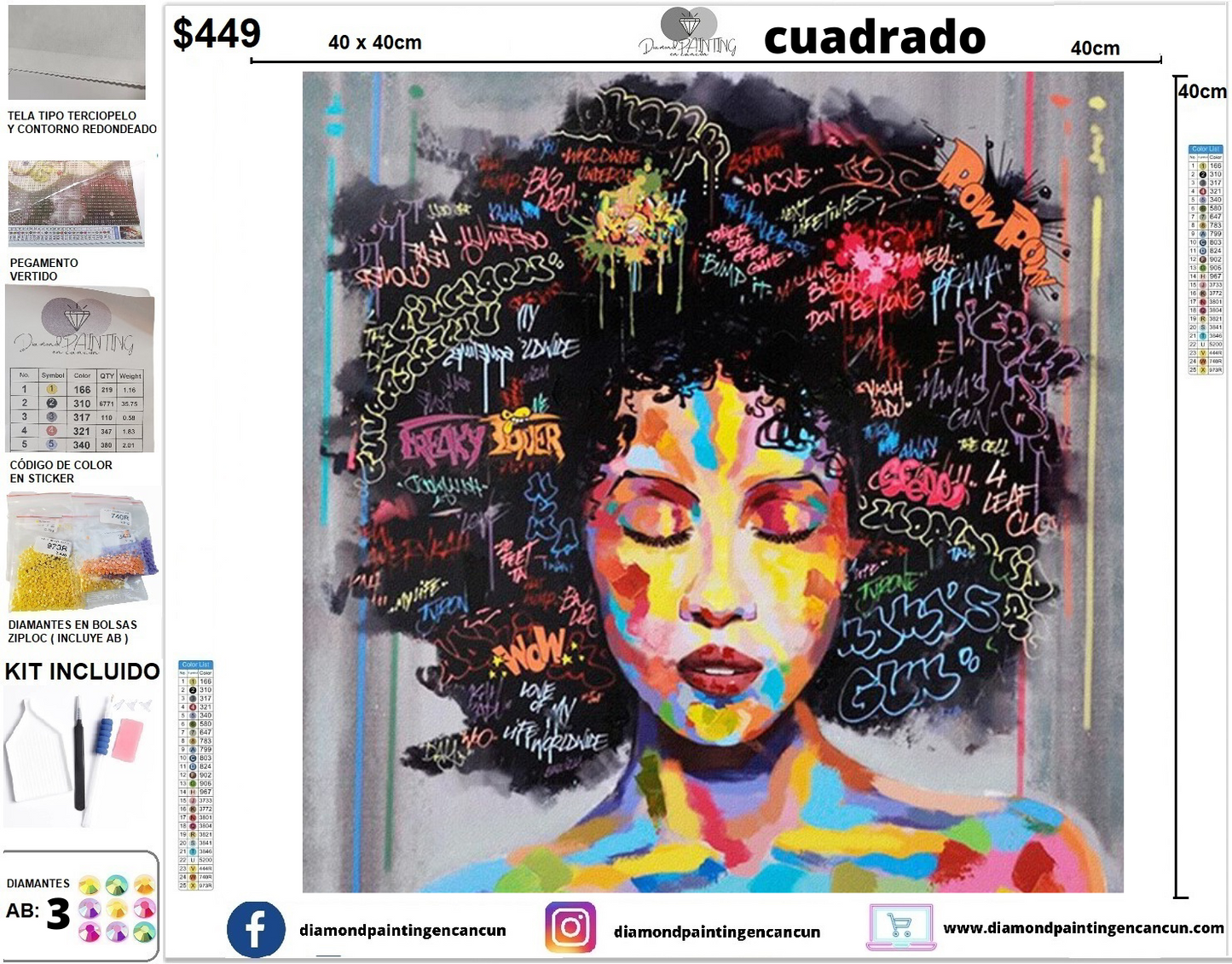 Mujer afro 40 x 40 (3 Diamantes AB)