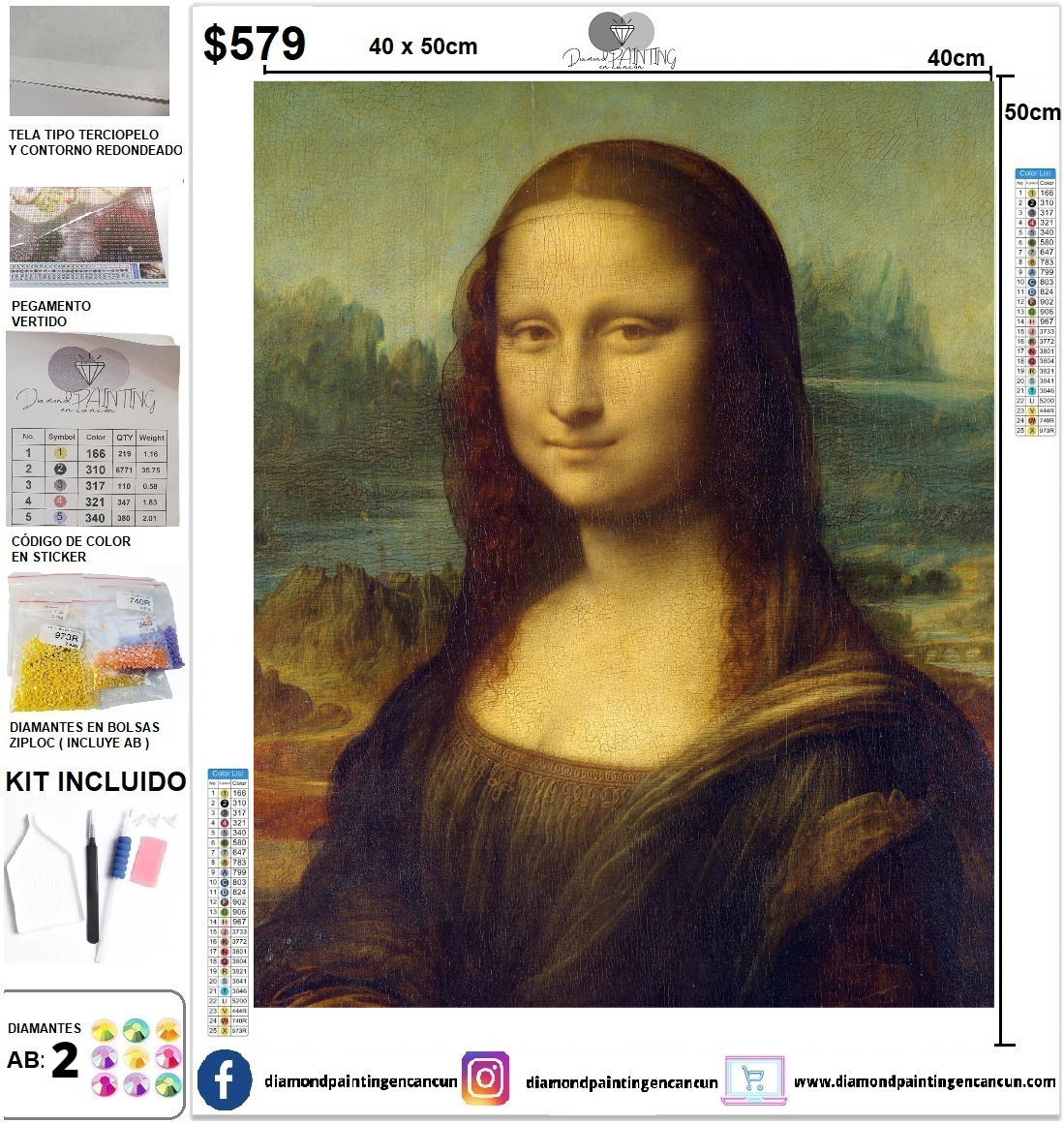 La gioconda o Mona Lisa 40 x 50 incluye DIAMANTES AB CUADRADO