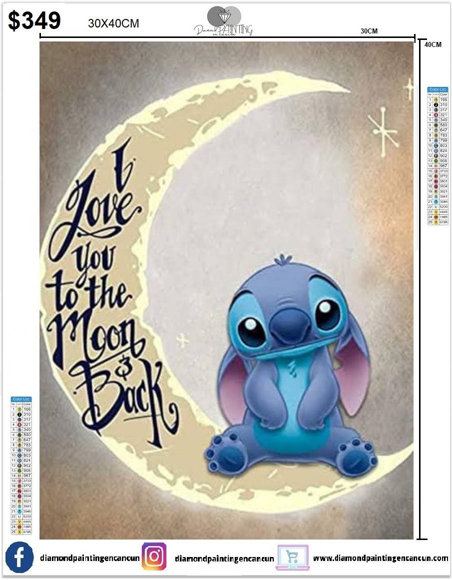 Stitch con luna 30 x 40 contiene DIAMANTE GELATINA BRILLANTE EN LA OSCURIDAD, AB Y POLVO DE HADA