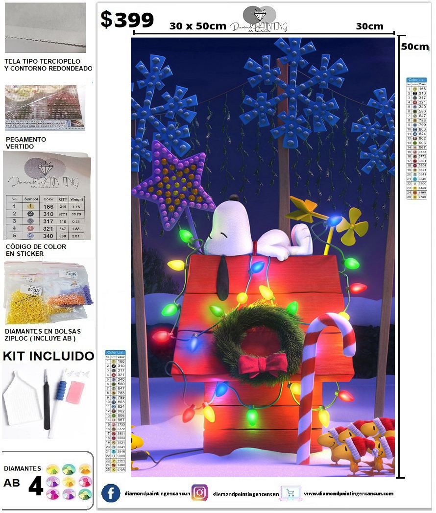 Snoopy navideño 30 x 50 incluye DIAMANTES GELATINA BRILLANYE EN LA OSCURIDAD, AB Y POLVO DE HADA