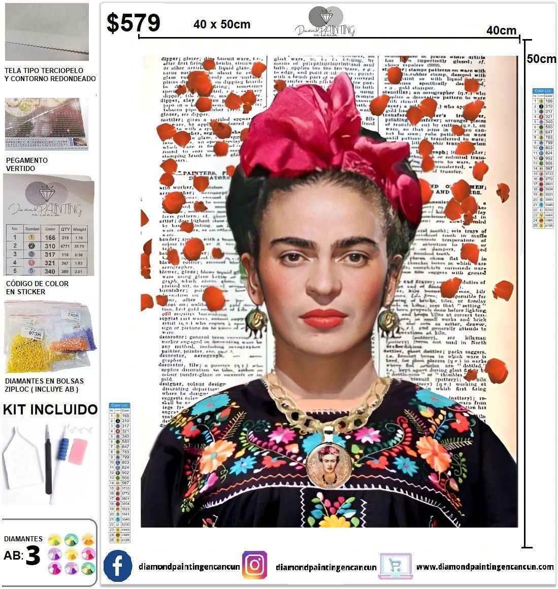 Frida Kahlo 40 x 50 incluye DIAMANTES AB Y POLVO DE HADA