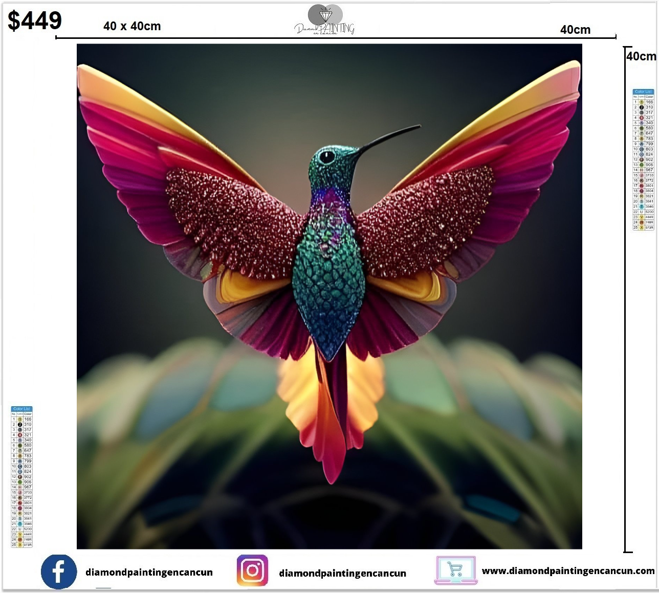 Colibrí 40 x 40 incluye Diamantes GELATINA BRILLANTE EN LA OSCURIDAD, AB Y POLVO DE HADA