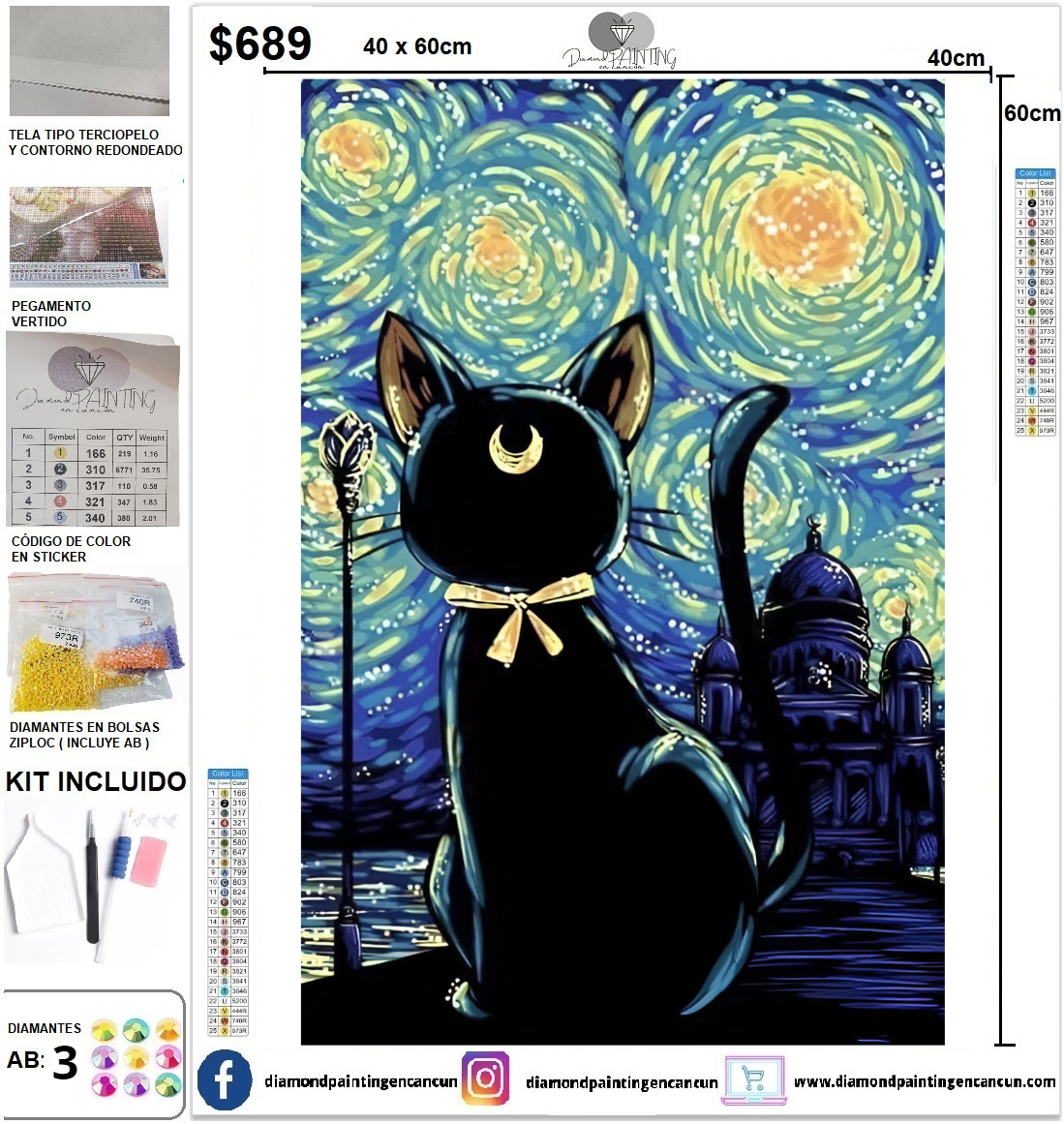 Gato Sailor Moon 40 x 60 incluye DIAMANTES AB
