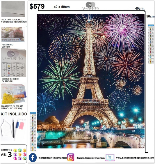 Torre Eiffel 40 x 50 incluye DIAMANTES GELATINA BRILLANTE EN LA OSCURIDAD, AB Y POLVO DE HADA