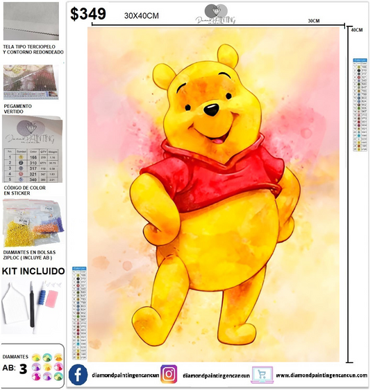 Winnie Pooh 30 x 40 incluye DIAMANTES AB